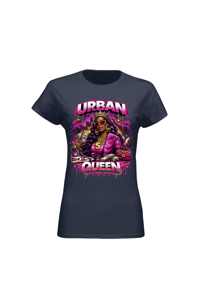 Navy blue t-shirt with 'Urban Queen' graphic design on a white background