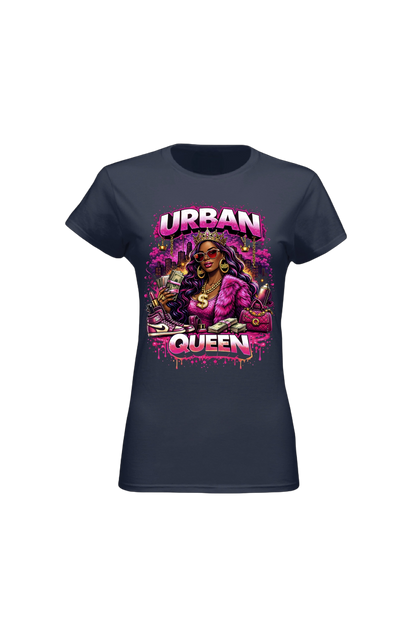 Navy blue t-shirt with 'Urban Queen' graphic design on a white background