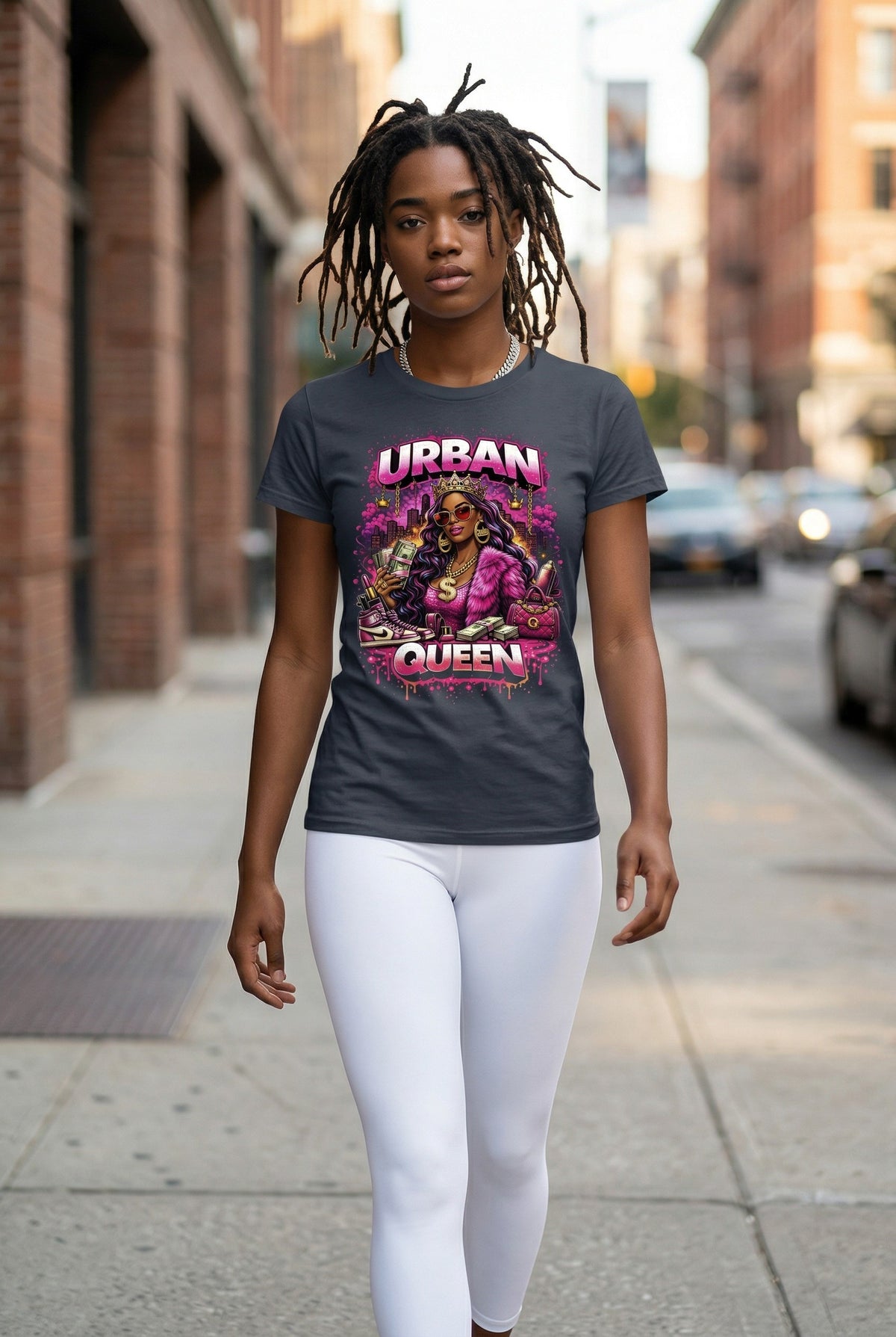 Woman wearing a t-shirt with 'Urban Queen' design on a city street.