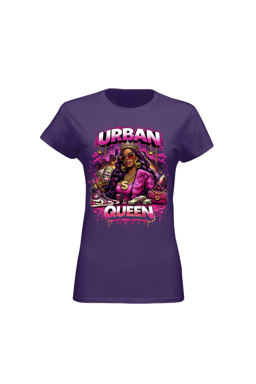 Purple t-shirt with 'Urban Queen' graphic design on a white background