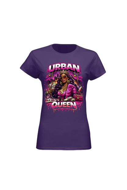 Purple t-shirt with 'Urban Queen' graphic design on a white background