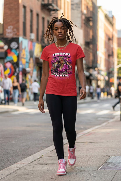Woman wearing a red t-shirt with graphic design on a city street