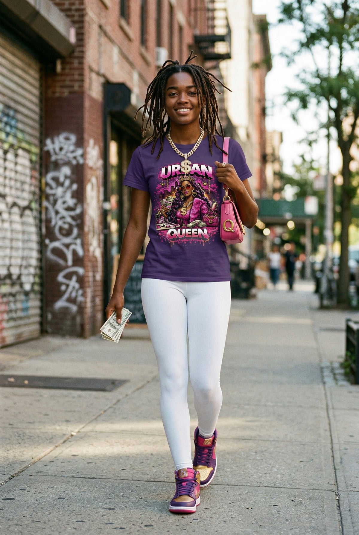 Woman walking on a sidewalk wearing a purple t-shirt with graphic design and text.