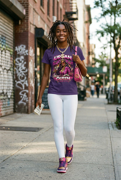 Woman walking on a sidewalk wearing a purple t-shirt with graphic design and text.