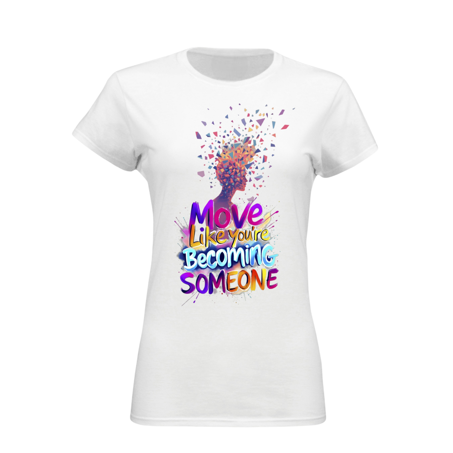 White t-shirt with colorful graphic and text on a white background