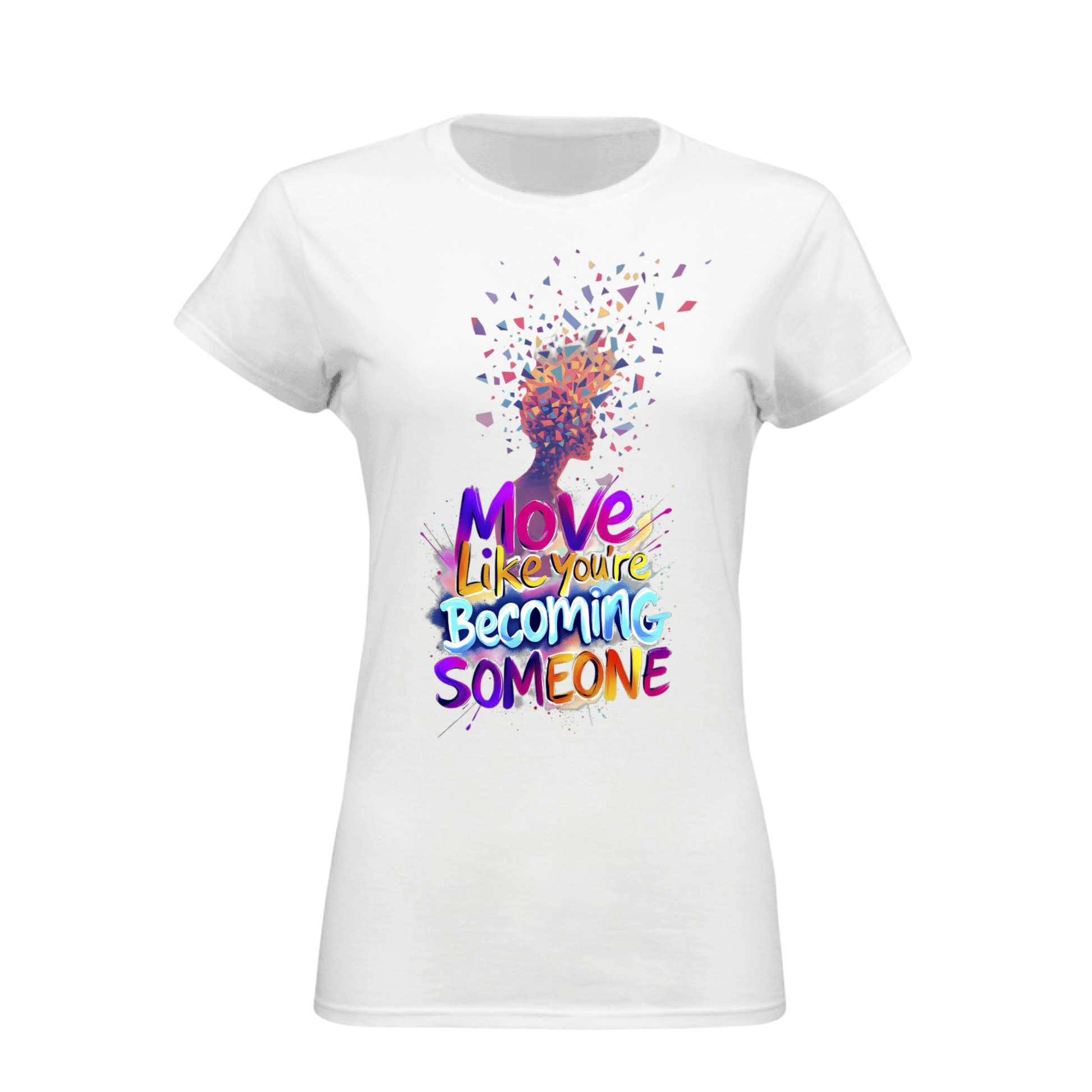 White t-shirt with colorful graphic and text on a white background