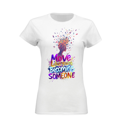 White t-shirt with colorful graphic and text on a white background