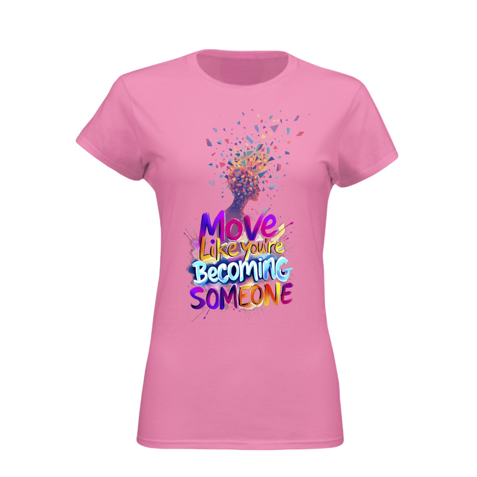 Pink t-shirt with colorful graphic and text on a white background