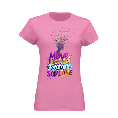 Pink t-shirt with colorful graphic and text on a white background