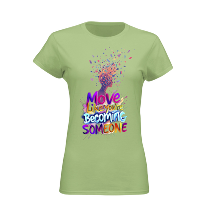 Green t-shirt with colorful graphic and text on a white background