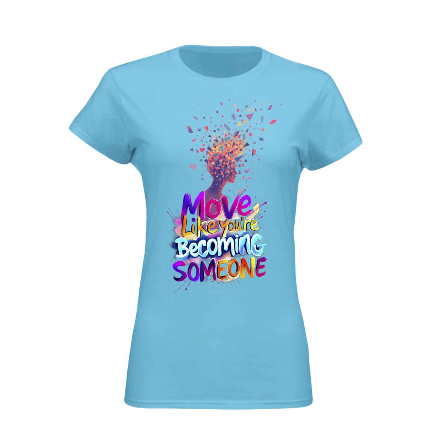 Light blue t-shirt with colorful graphic and text on a white background