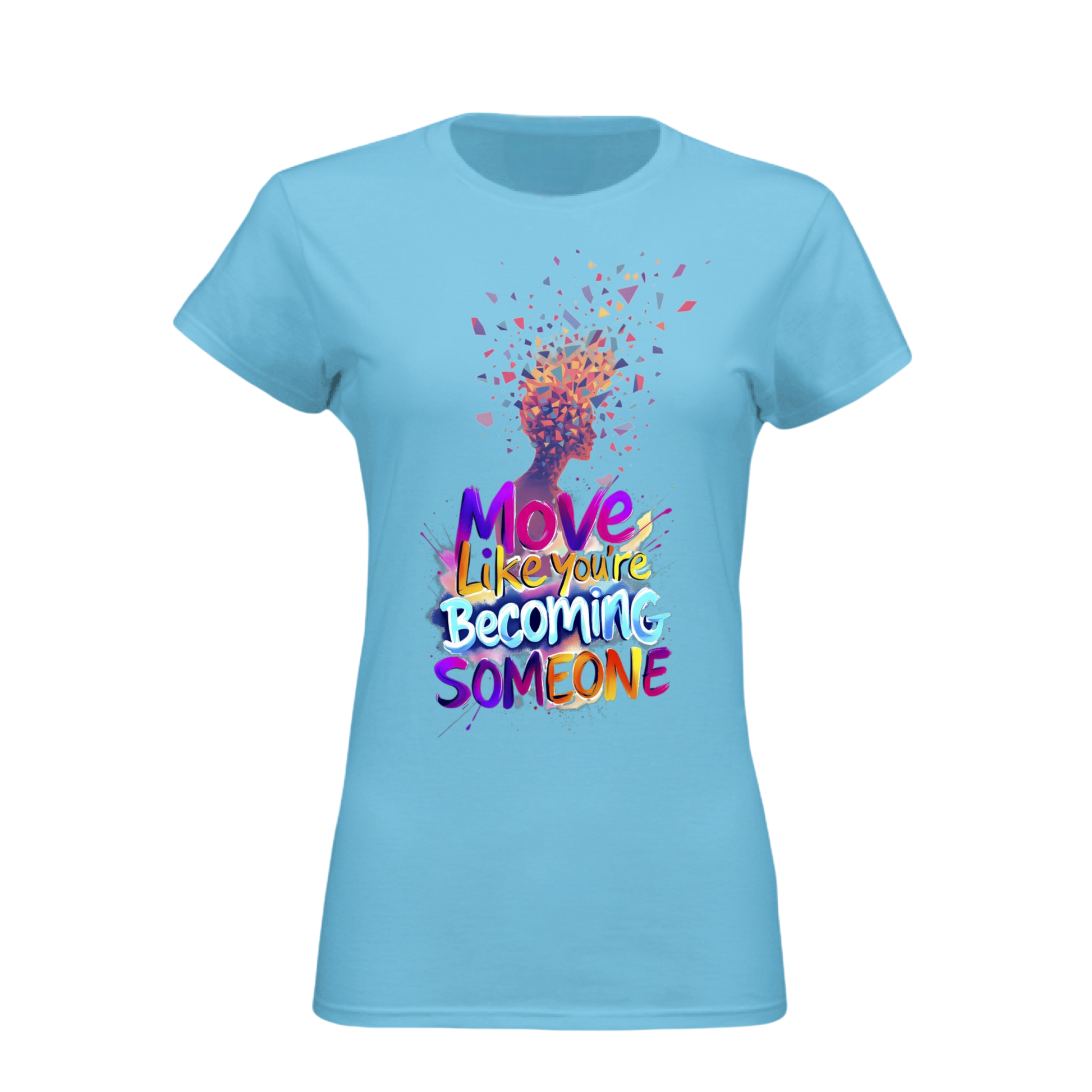Light blue t-shirt with colorful graphic and text on a white background