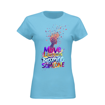Light blue t-shirt with colorful graphic and text on a white background