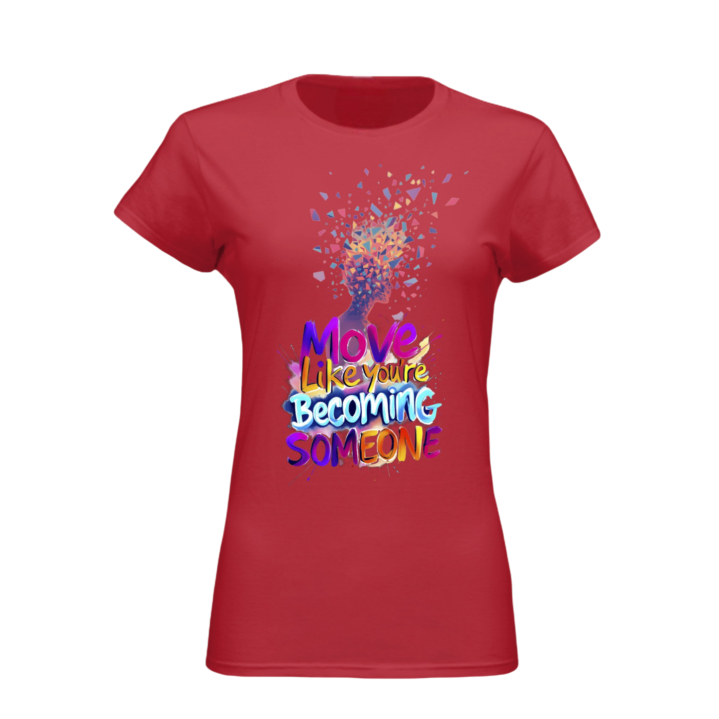 Red t-shirt with colorful text and design on a white background