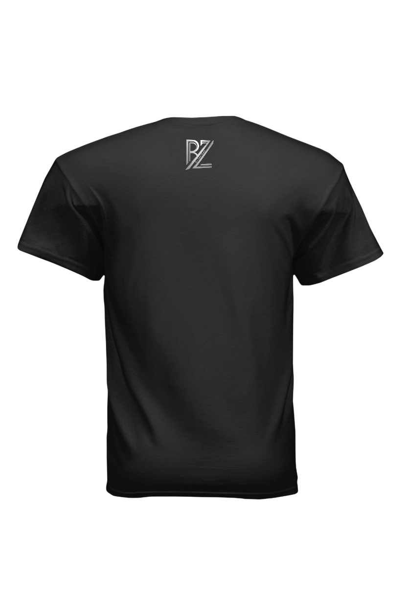 Black t-shirt with a logo on the back against a white background