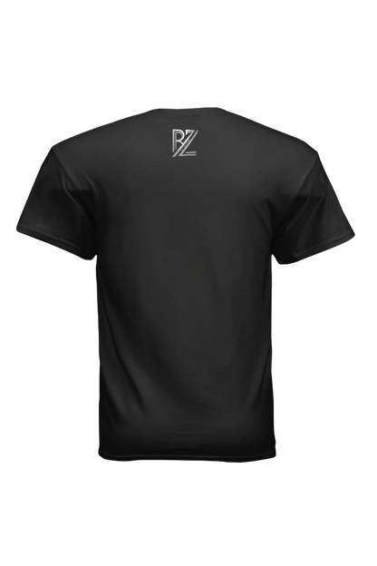 Black t-shirt with a logo on the back against a white background