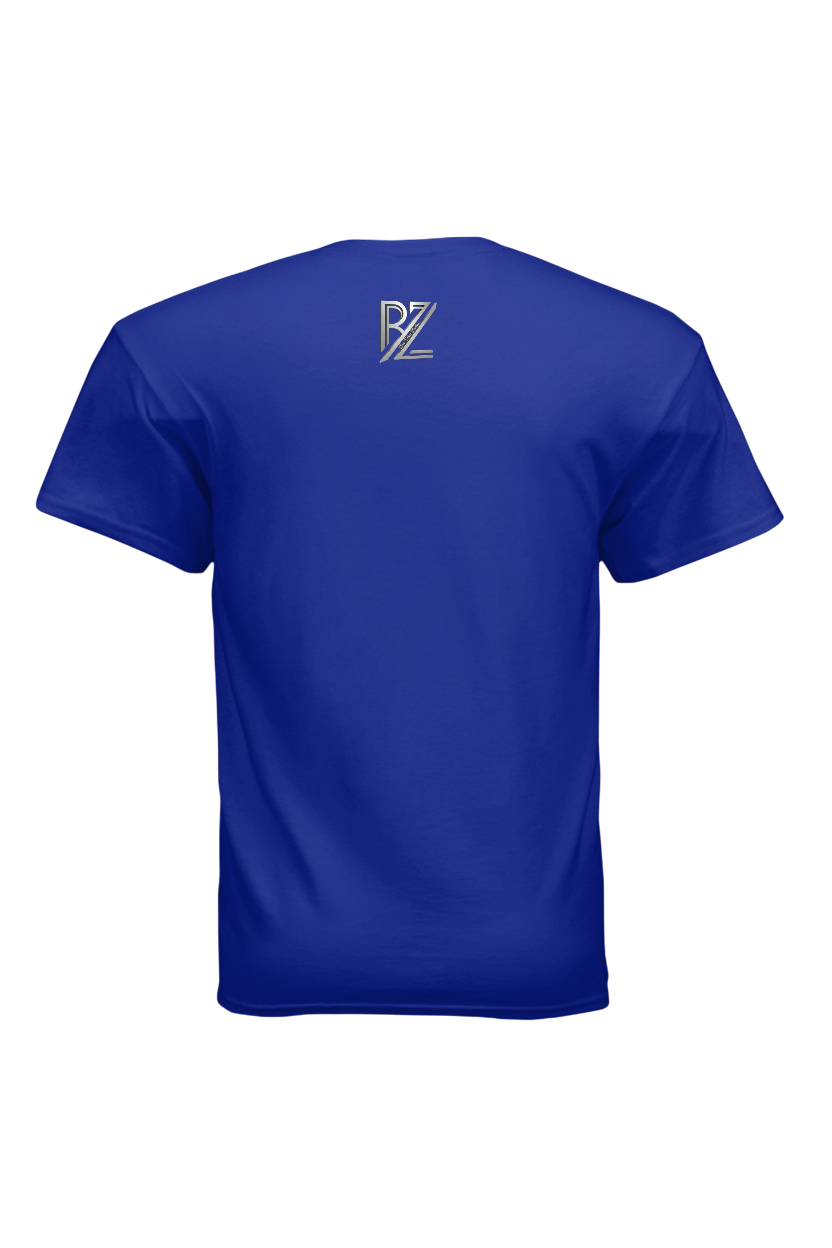 Blue t-shirt with a logo on the back against a white background