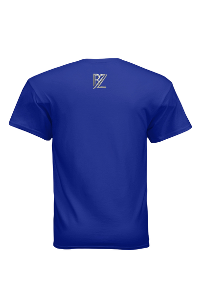Blue t-shirt with a logo on the back against a white background
