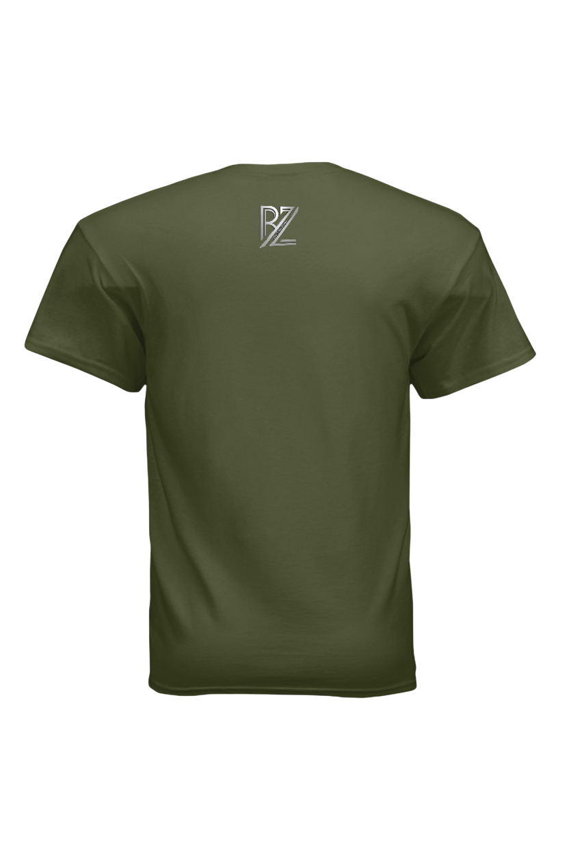 Green t-shirt with a logo on the back against a white background