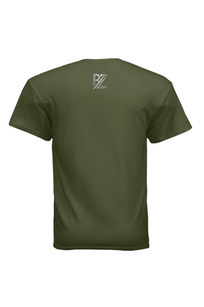Green t-shirt with a logo on the back against a white background