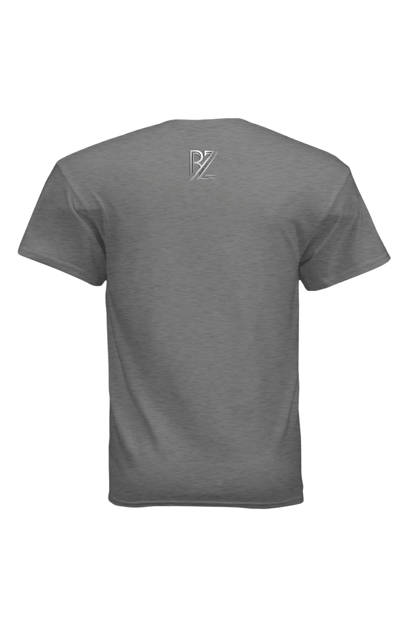 Gray t-shirt with a logo on the back against a white background