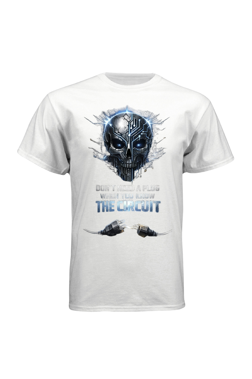 White t-shirt with a graphic design of a skull and text on a white background