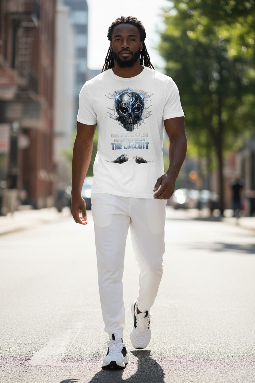 Man walking on a street wearing a white t-shirt with a graphic design and text.