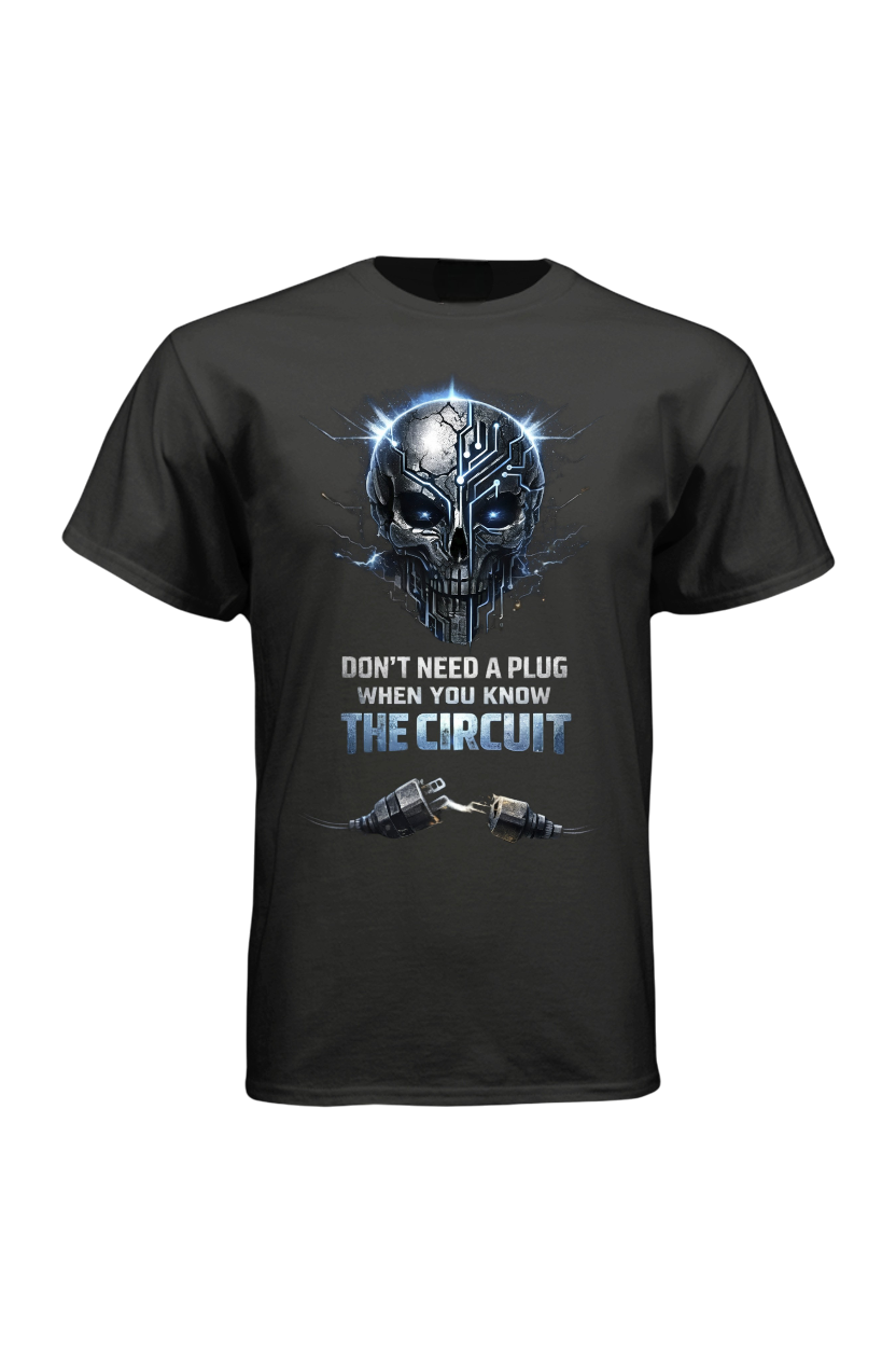 Black t-shirt with a graphic design featuring a skull and text on a white background