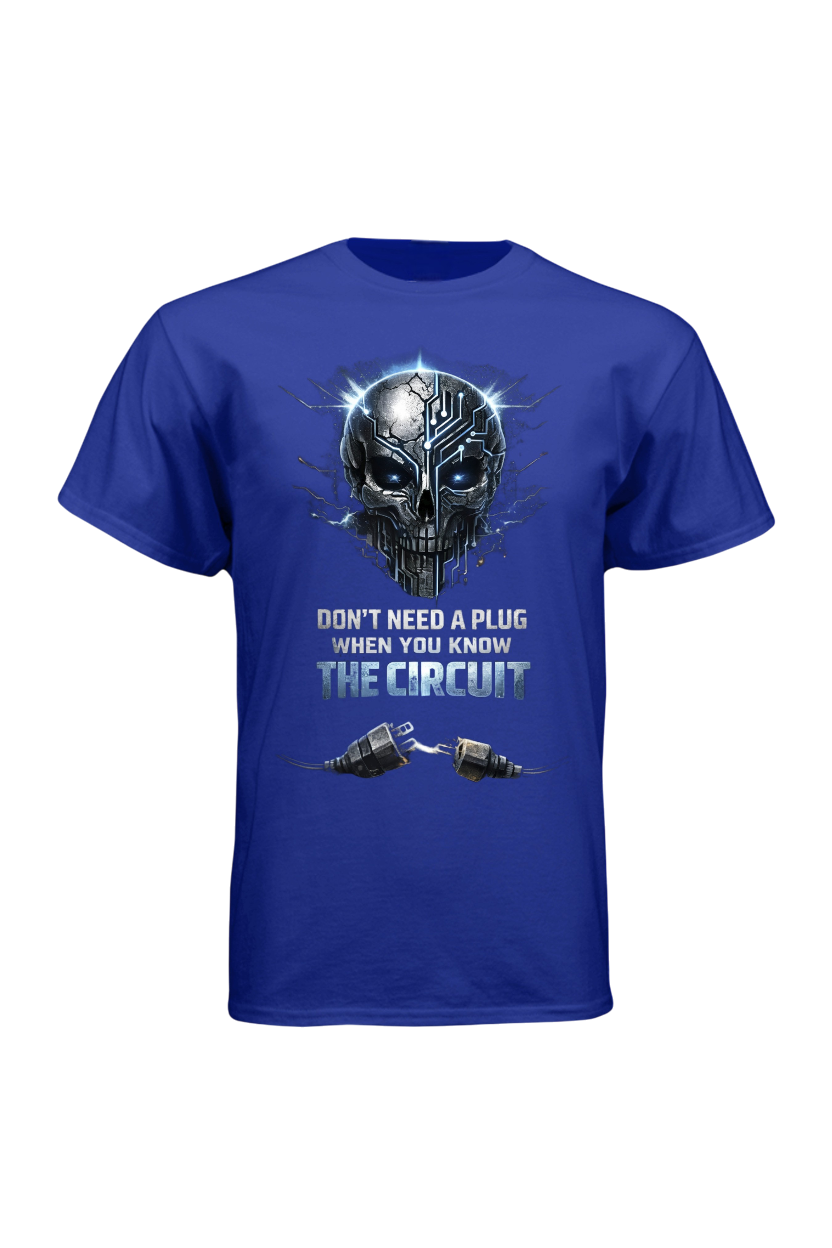 Blue t-shirt with a graphic design and text on a white background
