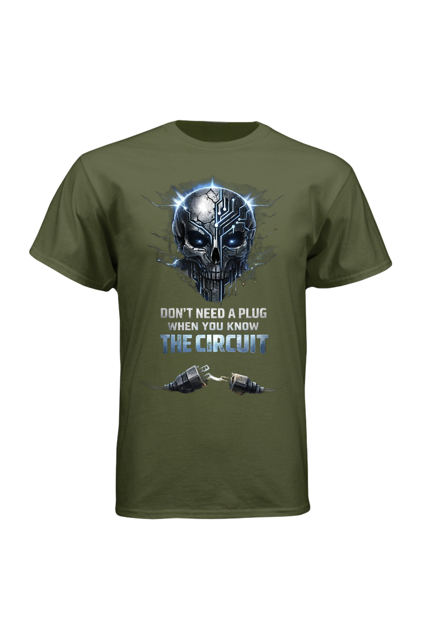 Green t-shirt with a graphic design featuring a skull and text on a white background