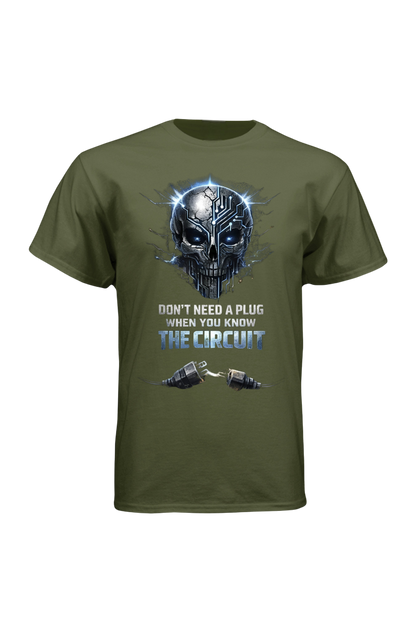 Green t-shirt with a graphic design featuring a skull and text on a white background