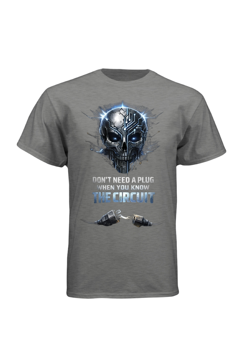 Gray t-shirt with a graphic design featuring a skull and text on a white background