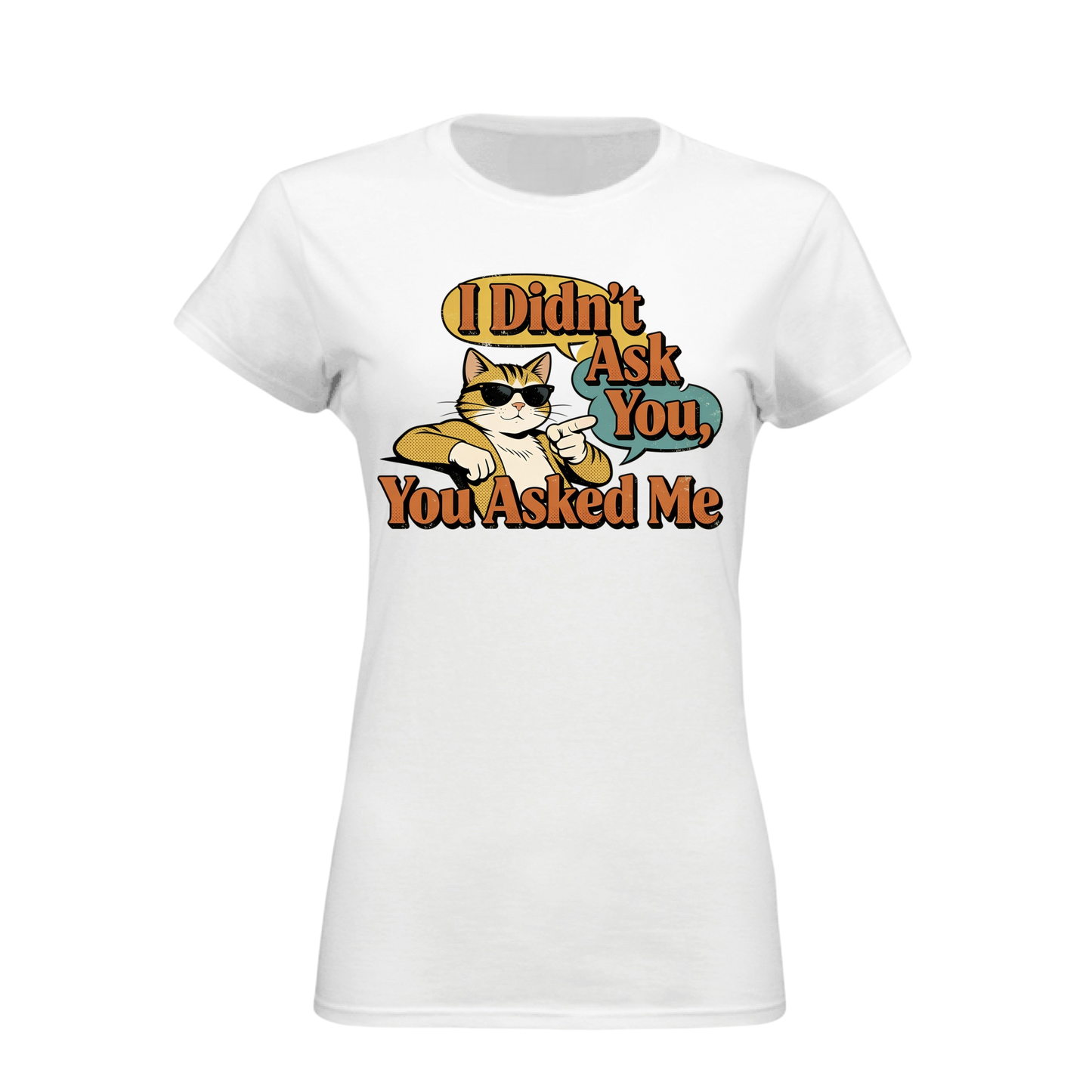 White t-shirt with a graphic of a cat and text on a white background