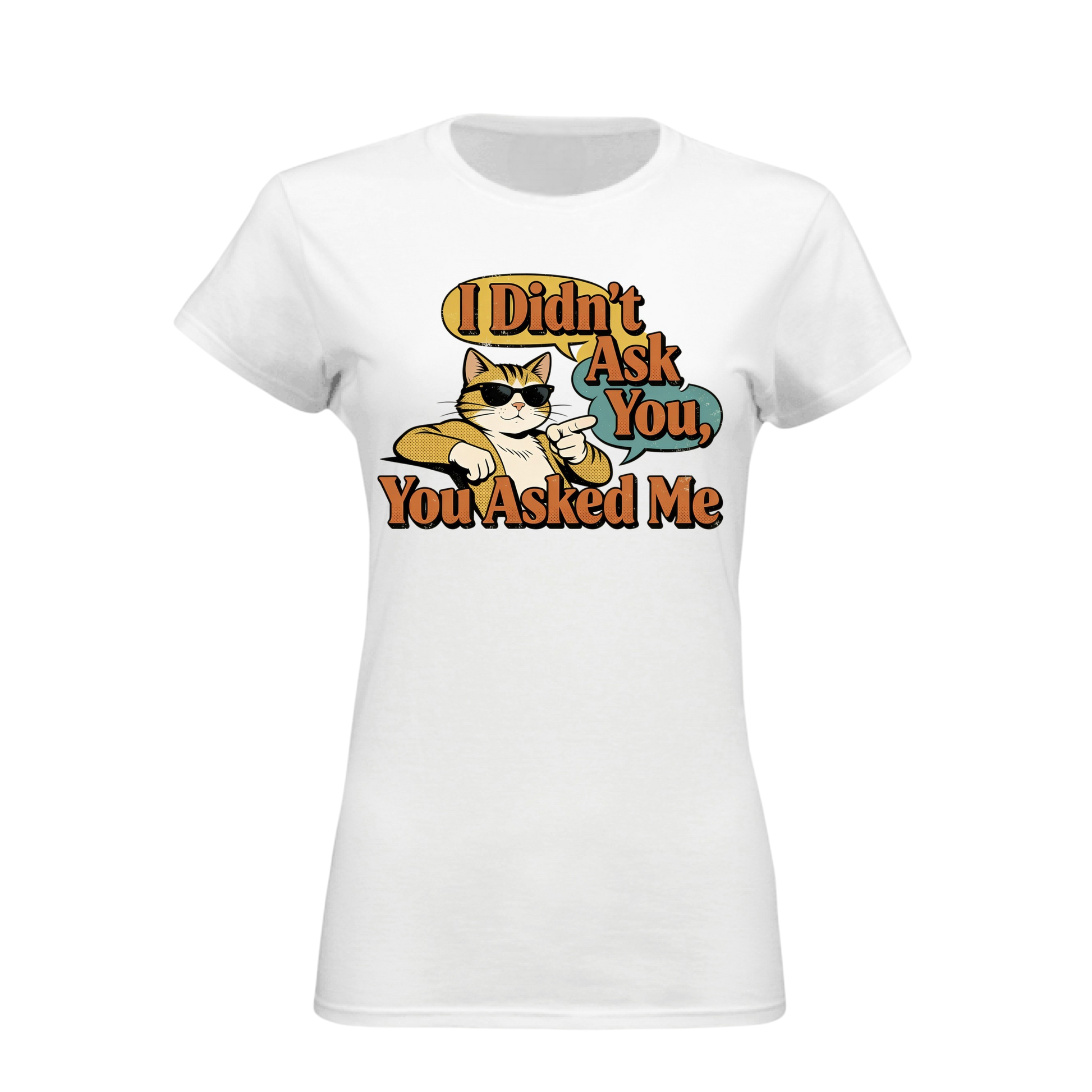White t-shirt with a graphic of a cat and text on a white background