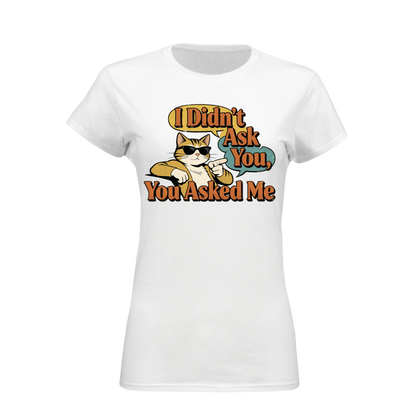 White t-shirt with a graphic of a cat and text on a white background
