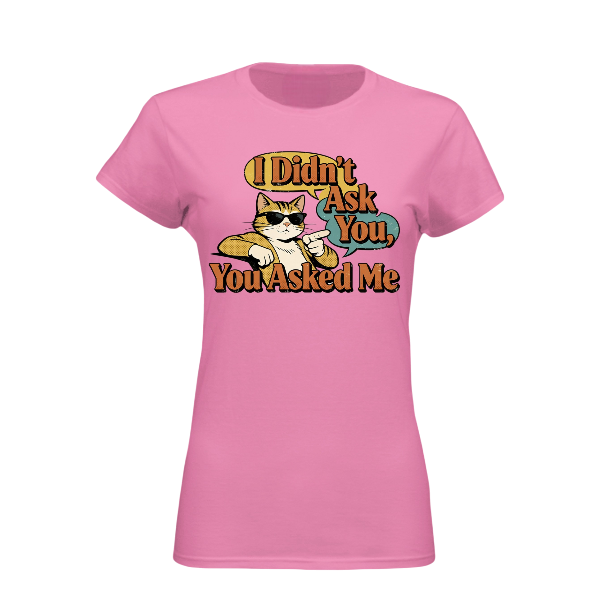 Pink t-shirt with a graphic of a cat and text on a white background