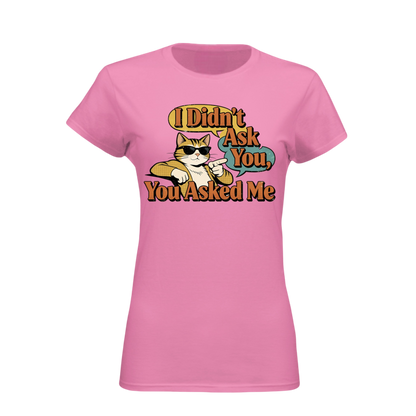 Pink t-shirt with a graphic of a cat and text on a white background
