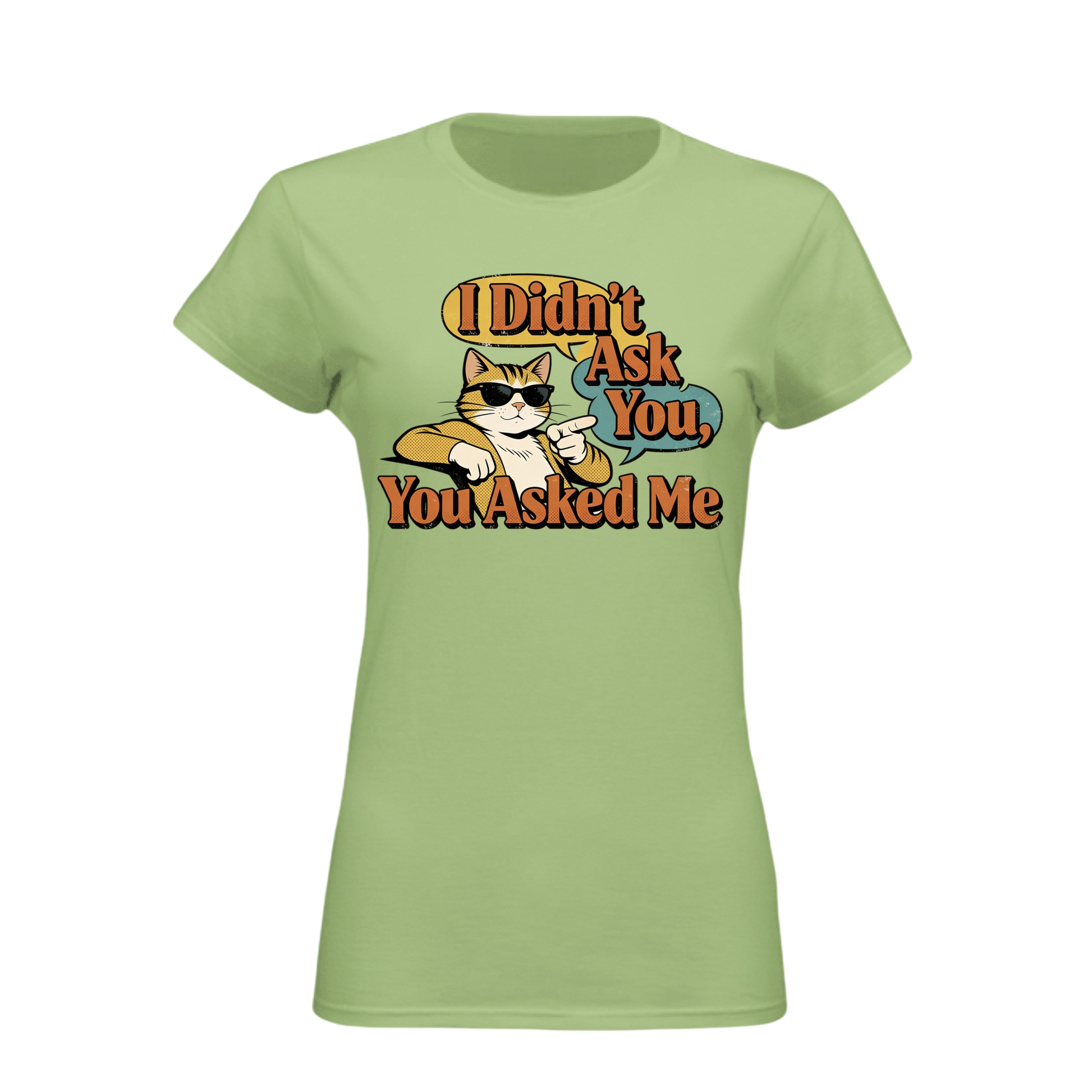 Light green t-shirt with a graphic of a cat and text on a white background