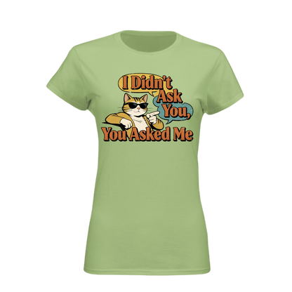 Light green t-shirt with a graphic of a cat and text on a white background
