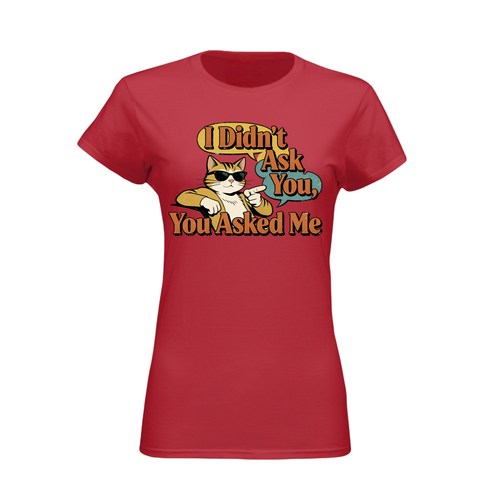 Red t-shirt with a graphic of a cat and text on a white background