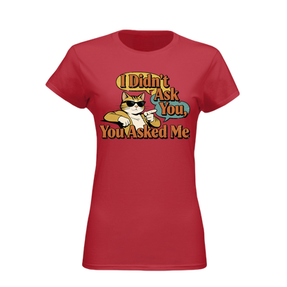 Red t-shirt with a graphic of a cat and text on a white background