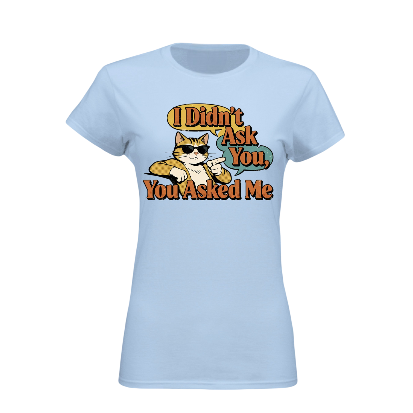 Light blue t-shirt with a graphic of a cat and text on a white background