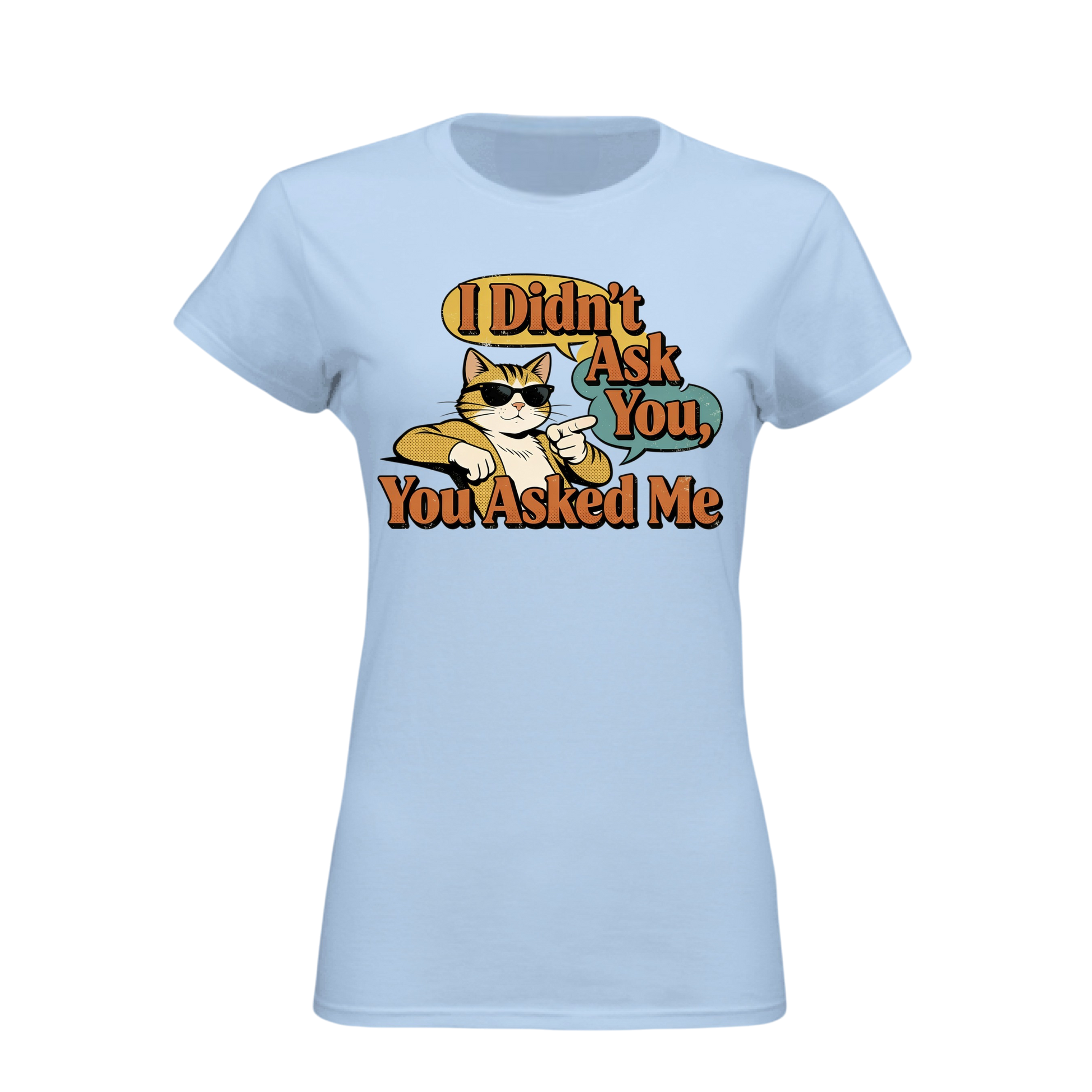 Light blue t-shirt with a graphic of a cat and text on a white background