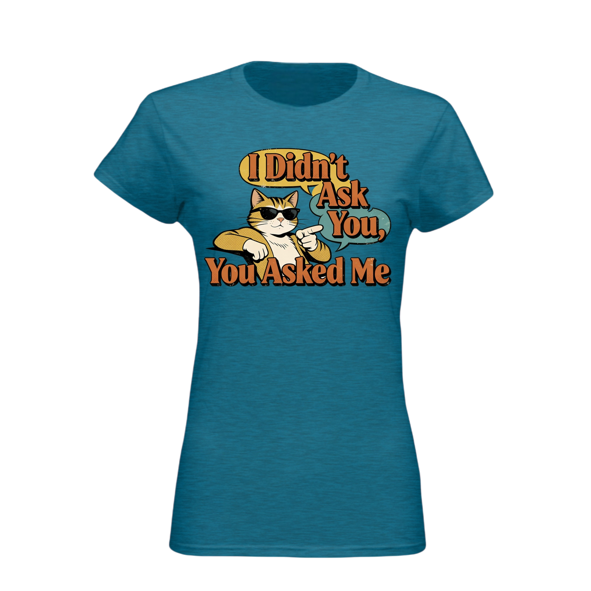 Blue t-shirt with a graphic of a cat and text on a white background