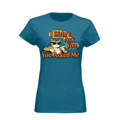 Blue t-shirt with a graphic of a cat and text on a white background