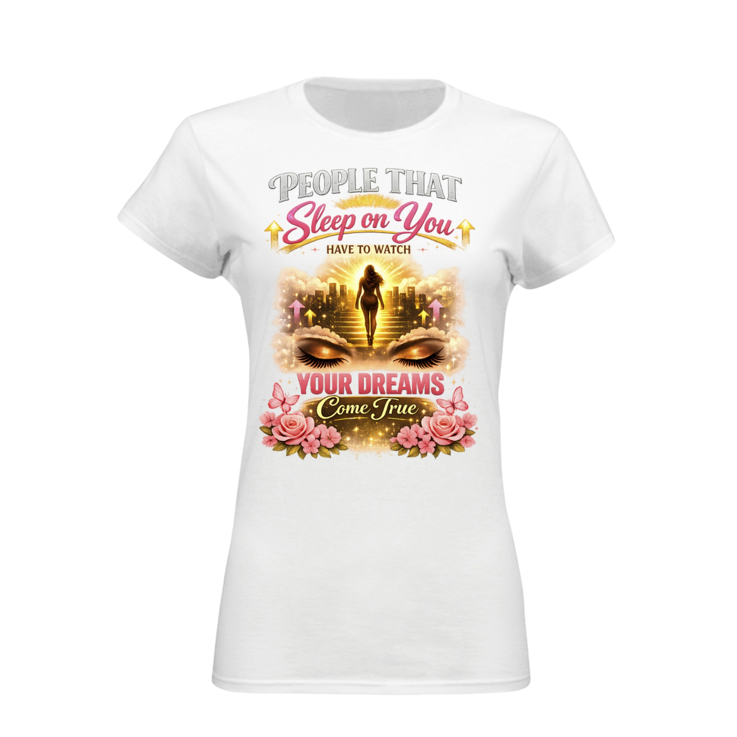 White t-shirt with graphic design and text on a white background