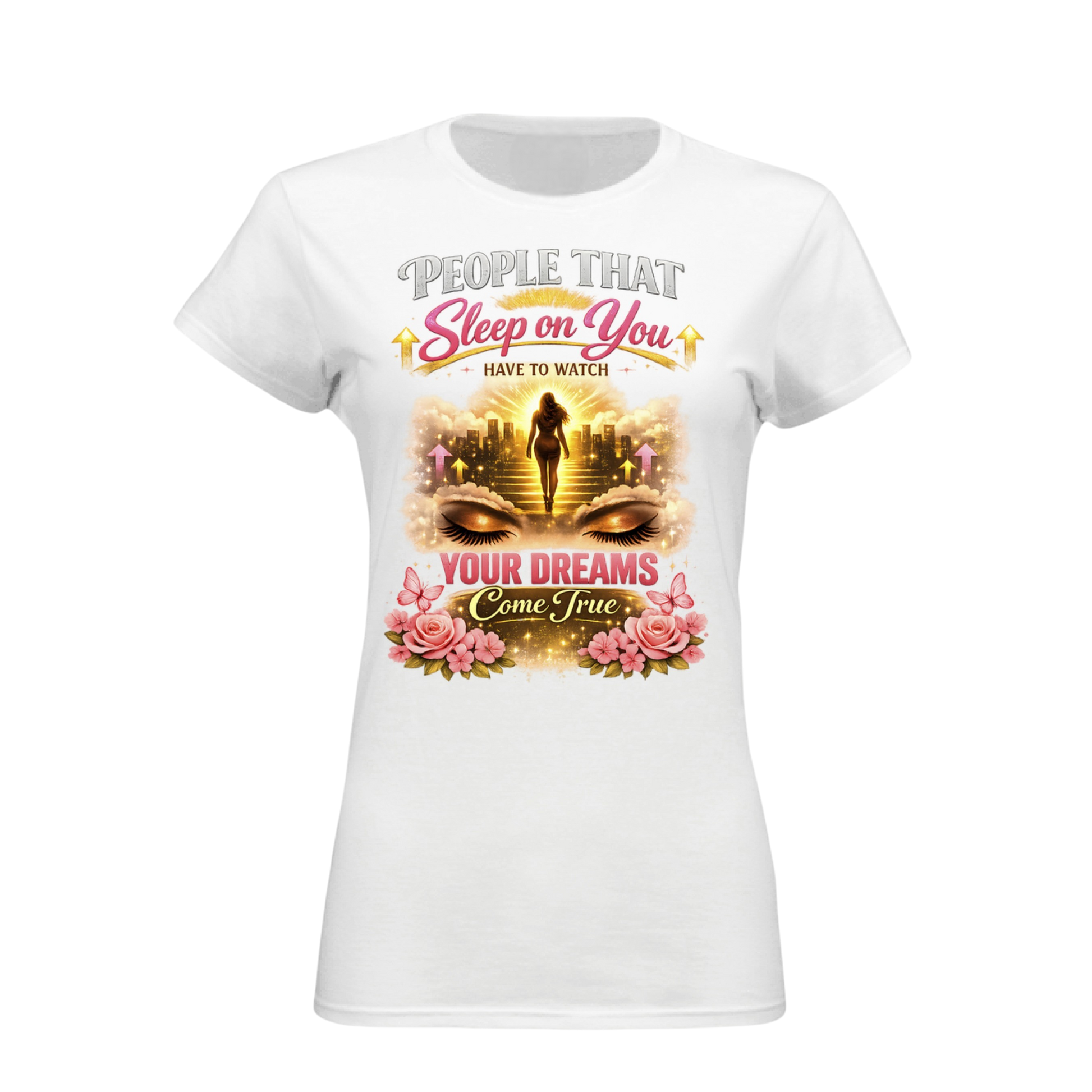 White t-shirt with graphic design and text on a white background