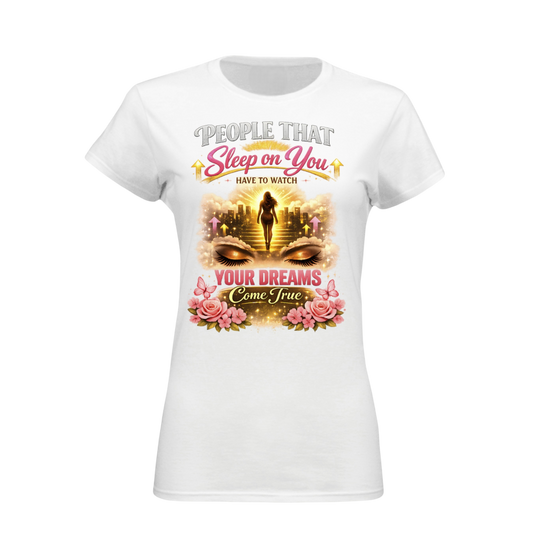 White t-shirt with graphic design and text on a white background