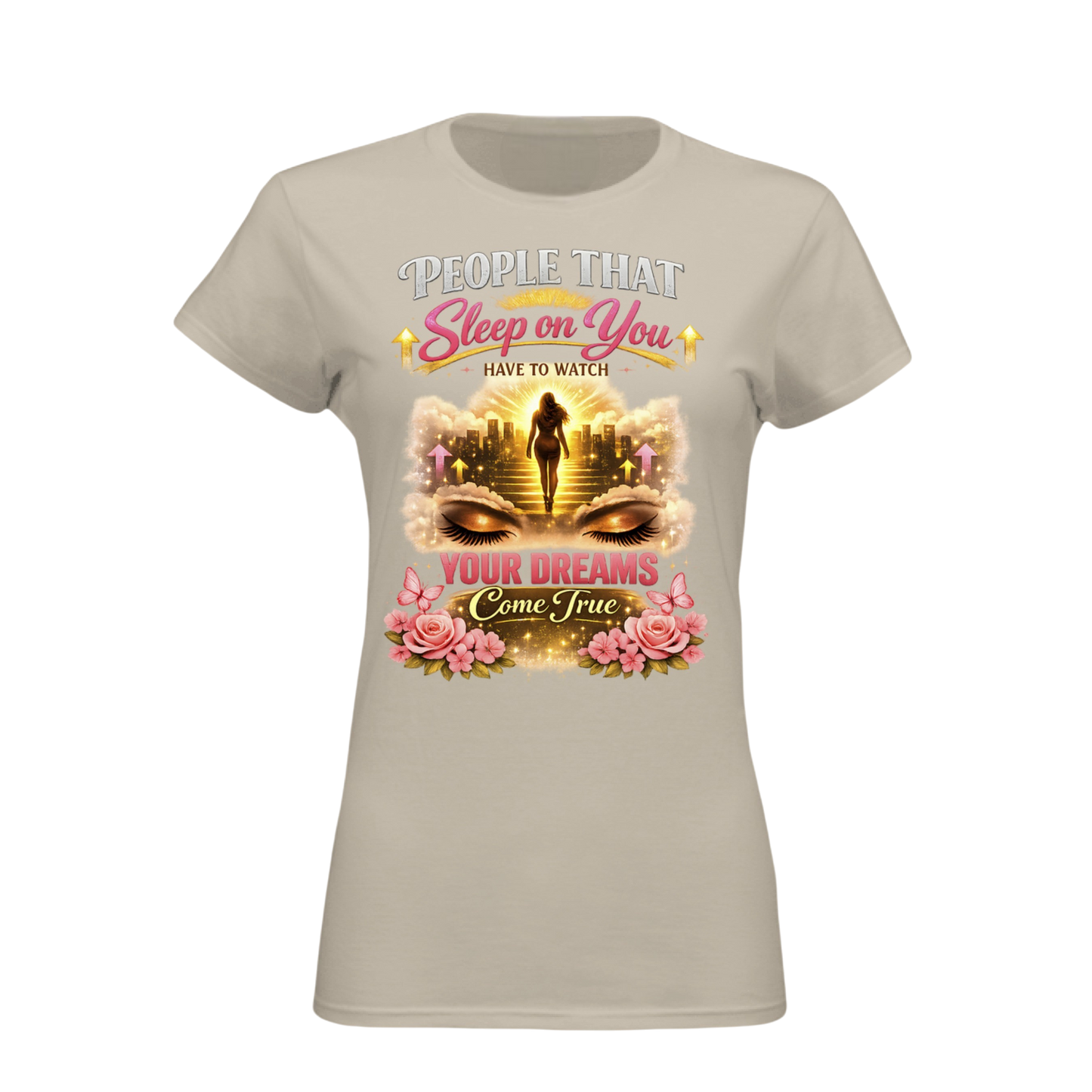 Beige t-shirt with a graphic design and text on a white background