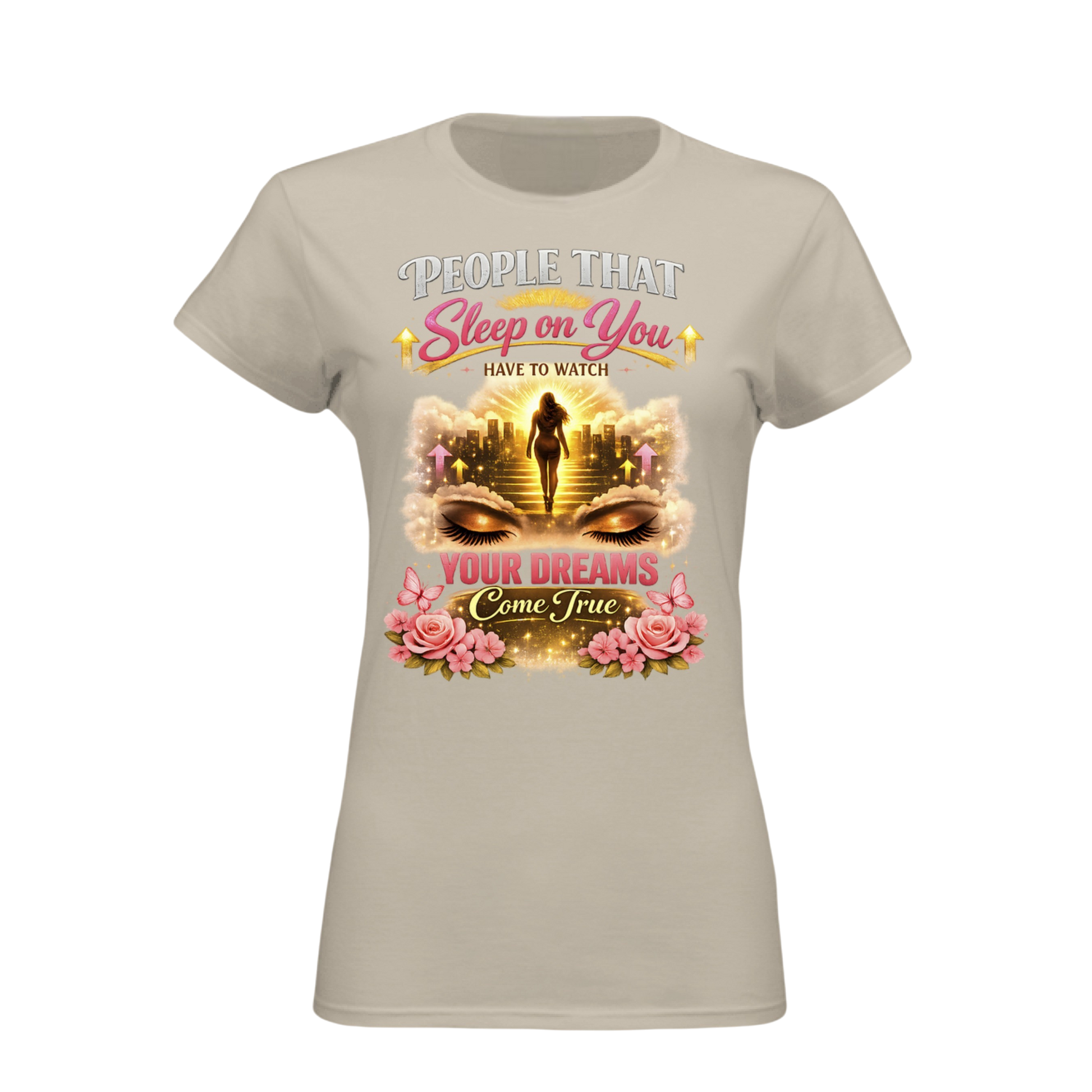 Beige t-shirt with a graphic design and text on a white background